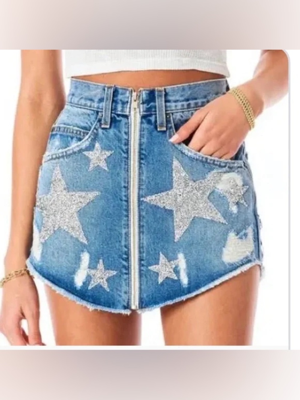 Carmar High Waist Cotton Denim Sparkly Stars Skirt US26